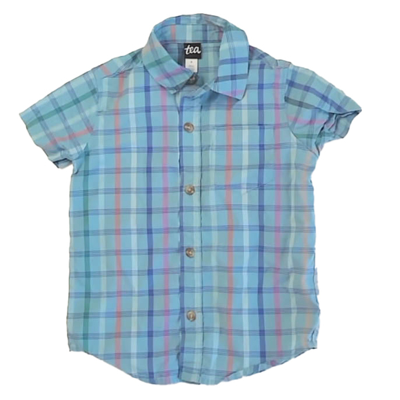 Tea Collection Boys Blue Plaid Button Down Short Sleeve size: 4T - Picture 1 of 2